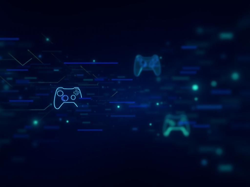 Abstract background showing game code and console controllers